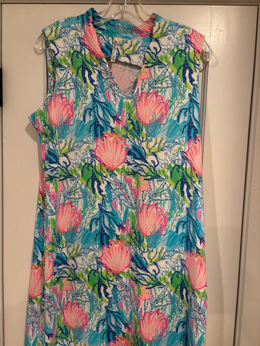 Lulu-B Sleeveless Dress White Pink Blue Shells Coral Women L Coastal Golf Preppy - Picture 2 of 12